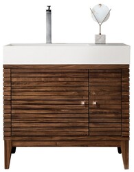 JAMES MARTIN 210-V36-WLT-GW LINEAR 36 INCH SINGLE VANITY IN MID CENTURY WALNUT WITH GLOSSY WHITE SOLID SURFACE TOP