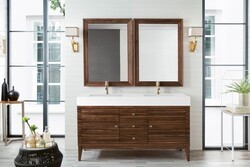 JAMES MARTIN 210-V59D-WLT-GW LINEAR 59 INCH DOUBLE VANITY IN MID CENTURY WALNUT WITH GLOSSY WHITE SOLID SURFACE TOP