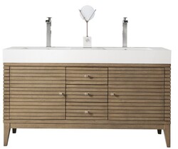 JAMES MARTIN 210-V59D-WW-GW LINEAR 59 INCH DOUBLE VANITY IN WHITEWASHED WALNUT WITH GLOSSY WHITE SOLID SURFACE TOP