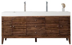 JAMES MARTIN 210-V72D-WLT-GW LINEAR 72 INCH DOUBLE VANITY IN MID CENTURY WALNUT WITH GLOSSY WHITE SOLID SURFACE TOP