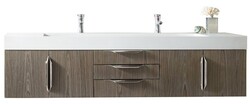 JAMES MARTIN 389-V72D-AGR-A-GW MERCER ISLAND 72 INCH DOUBLE VANITY IN ASH GRAY WITH GLOSSY WHITE SOLID SURFACE TOP