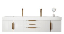 JAMES MARTIN 389-V72D-GW-G-GW MERCER ISLAND 72 INCH DOUBLE VANITY IN GLOSSY WHITE, RADIANT GOLD WITH GLOSSY WHITE SOLID SURFACE TOP