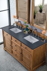 JAMES MARTIN 238-104-5611-3CSP SAVANNAH 60 INCH DOUBLE VANITY CABINET IN DRIFTWOOD WITH 3 CM CHARCOAL SOAPSTONE QUARTZ TOP WITH SINK