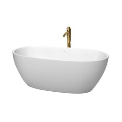 WYNDHAM COLLECTION WCBTE306163MWSWATPGD JUNO 63 INCH FREESTANDING BATHTUB IN MATTE WHITE WITH SHINY WHITE TRIM AND FLOOR MOUNTED FAUCET IN BRUSHED GOLD