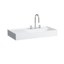 LAUFEN H810339U KARTELL 35 1/2 INCH WALL MOUNT RECTANGLE WASHBASIN WITH CONCEALED OUTLET AND LEFT SHELF