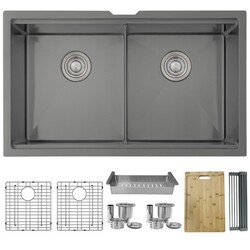 STYLISH S-601WN 32 INCH DOUBLE BOWL UNDERMOUNT 16 GAUGE STAINLESS STEEL KITCHEN SINK WITH ACCESSORIES - BLACK
