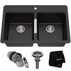 KRAUS KGD-433B QUARZA 33 INCH DUAL MOUNT 50/50 GRANITE DOUBLE BOWL KITCHEN SINK WITH TOPMOUNT AND UNDERMOUNT INSTALLATION IN BLACK ONYX