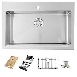 AZUNI C430L 311/4 INCH TOP-MOUNTED SINGLE BOWL STAINLESS STEEL LEDGE WORKSTATION KITCHEN SINK WITH ACCESSORIES