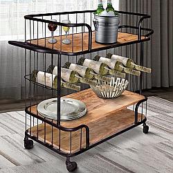 THE URBAN PORT UPT-197314 43 INCH METAL FRAME BAR CART WITH WOODEN TOP AND TWO SHELVES - BLACK AND BROWN