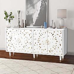 THE URBAN PORT UPT-197864 66 INCH FOUR DOOR WOODEN SIDEBOARD WITH ENGRAVED SUNBURST DESIGN FRONT - WHITE AND GOLD