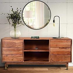 THE URBAN PORT UPT-197866 60 INCH HANDCRAFTED WOODEN TV CONSOLE WITH LIVE EDGE SHUTTER DOOR CABINETS - BROWN