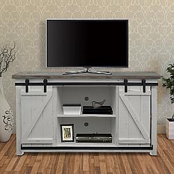 THE URBAN PORT UPT-205743 16 INCH FARMHOUSE STYLE MEDIA CONSOLE WITH BARN STYLE SLIDING DOOR - BROWN AND WHITE