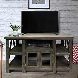 THE URBAN PORT UPT-205747 52 INCH HANDMADE WOODEN TV STAND WITH TWO GLASS DOOR CABINET - DISTRESSED GRAY