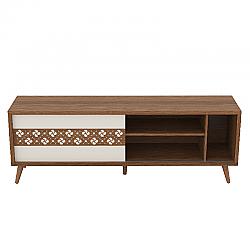 THE URBAN PORT UPT-225280 63 INCH DOOR WOODEN ENTERTAINMENT TV STAND WITH THREE OPEN COMPARTMENTS - BROWN AND WHITE