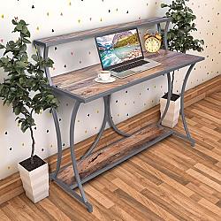 THE URBAN PORT UPT-186122 45 INCH DESIGNER METAL FRAMED STUDY TABLE WITH OPEN MANGO WOOD SHELVES - BROWN AND GRAY
