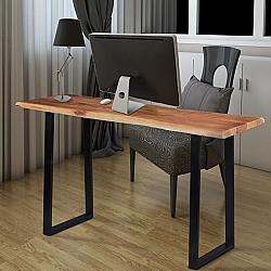 THE URBAN PORT UPT-195122 51 INCH INDUSTRIAL WOODEN LIVE EDGE DESK WITH METAL SLED LEG SUPPORT - BROWN AND BLACK