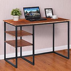 THE URBAN PORT UPT-195123 45 INCH TUBULAR METAL FRAME DESK WITH WOODEN TOP AND TWO SIDE SHELVES - BROWN AND BLACK
