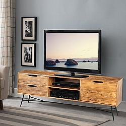 THE URBAN PORT UPT-195125 63 INCH ROOMY WOODEN MEDIA CONSOLE WITH SLANTED METAL BASE - BROWN AND BLACK
