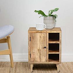 THE URBAN PORT UPT-195279 21 INCH TRANSITIONAL MANGO WOOD SIDE TABLE WITH OPEN CUBBIES AND DOOR STORAGE - NATURAL BROWN