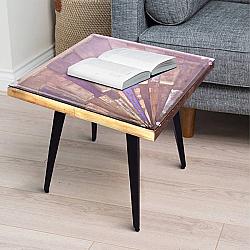 THE URBAN PORT UPT-197219 26 INCH SQUARE WOODEN END TABLE WITH SUNBURST DESIGN GLASS INSERTED TOP - MULTICOLOR
