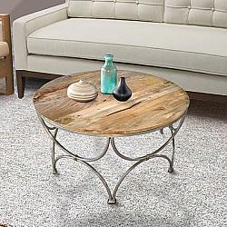 THE URBAN PORT UPT-197309 36 INCH ROUND WOODEN TOP COFFEE TABLE WITH LATTICE METAL BASE - BROWN AND SILVER