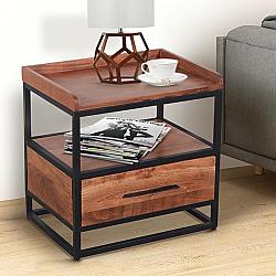 THE URBAN PORT UPT-197874 22 INCH HANDCRAFTED INDUSTRIAL METAL END TABLE WITH WOODEN DRAWER - BROWN AND BLACK