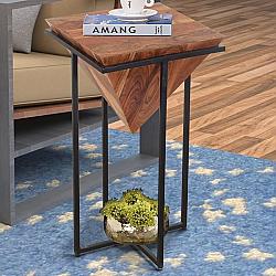 THE URBAN PORT UPT-199996 15 INCH PYRAMID SHAPE WOODEN SIDE TABLE WITH CROSS METAL BASE - BROWN AND BLACK