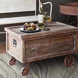 THE URBAN PORT UPT-204788 30 1/4 INCH DISTRESSED MANGO WOOD TRUNK STORAGE COFFEE TABLE WITH TRAY TOP AND CASTERS - BROWN