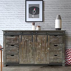 THE URBAN PORT UPT-205742 70 INCH WOODEN CONSOLE WITH BARN STYLE SLIDING DOOR STORAGE - DISTRESSED BROWN