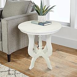 THE URBAN PORT UPT-205752 24 INCH ROUND WOODEN END TABLE WITH FOUR LEGGED FLARED PEDESTAL BASE - DISTRESSED WHITE