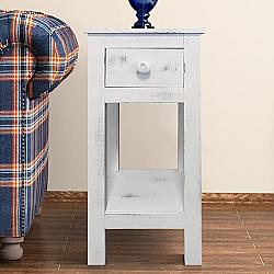 THE URBAN PORT UPT-205762 12 INCH ROUGH SAWN TEXTURED WOODEN SIDE ACCENT TABLE WITH DRAWER - ANTIQUE WHITE