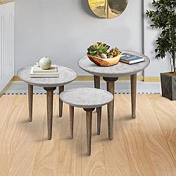 THE URBAN PORT UPT-209570 18 INCH MANGO WOOD BOWL TOP SIDE END COFFEE TABLE WITH ANGLED TRIPOD BASE, SET OF THREE - WHITE AND BROWN