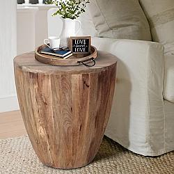 THE URBAN PORT UPT-32183 21 INCH HAND CARVED CYLINDRICAL SHAPE ROUND MANGO WOOD DISTRESSED WOODEN SIDE END TABLE - BROWN