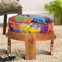 THE URBAN PORT UPT-204789 20 INCH HAND CARVED WOODEN ROUND FOOTREST OTTOMAN WITH CUSHIONED TOP - MULTICOLOR