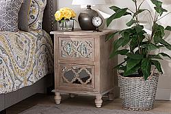 BAXTON STUDIO JY17A039-NATURAL BROWN/SILVER-ET CELIA 18 7/8 INCH TRANSITIONAL RUSTIC FRENCH COUNTRY WHITE-WASHED WOOD AND MIRROR 2-DRAWER QUATREFOIL END TABLE
