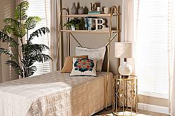 BAXTON STUDIO JY-0004-NATURAL/GOLD-TWIN SHELF MERIDA 48 INCH GLAM AND LUXE METAL AND WOOD TWO TIER OVER BED TWIN SIZE STORAGE DISPLAY SHELF - BRUSHED GOLD AND NATURAL BROWN