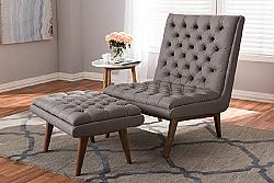 BAXTON STUDIO BBT5272-GREY SET ANNETHA MID-CENTURY MODERN FABRIC UPHOLSTERED AND WOOD CHAIR AND OTTOMAN SET - GREY AND WALNUT
