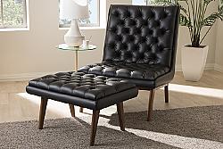 BAXTON STUDIO BBT5272-PINE BLACK SET ANNETHA MID-CENTURY MODERN FAUX LEATHER UPHOLSTERED AND WOOD CHAIR AND OTTOMAN SET - BLACK AND WALNUT