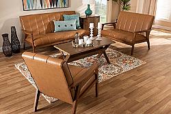 BAXTON STUDIO BBT8011A2-TAN 3PC SET NIKKO MID-CENTURY MODERN FAUX LEATHER UPHOLSTERED AND WOOD THREE PIECE LIVING ROOM SET - TAN AND WALNUT BROWN