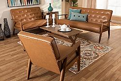 BAXTON STUDIO BBT8013-TAN 3PC LIVING ROOM SET SORRENTO MID-CENTURY MODERN FAUX LEATHER UPHOLSTERED AND WOOD THREE PIECE LIVING ROOM SET - TAN AND WALNUT BROWN