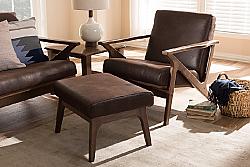 BAXTON STUDIO BIANCA MID-CENTURY MODERN WOOD AND DISTRESSED FAUX LEATHER LOUNGE CHAIR AND OTTOMAN SET
