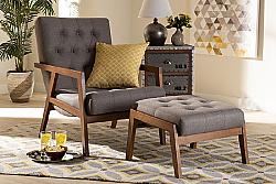 BAXTON STUDIO BBT8040-GREY/WALNUT-2PC SET NAEVA MID-CENTURY MODERN FABRIC UPHOLSTERED AND WOOD TWO PIECE ARMCHAIR AND FOOTSTOOL SET - GREY AND WALNUT