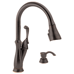 DELTA 19950Z-SD-DST ARABELLA 15 5/8 INCH TWO HOLE DECK MOUNT PULL-DOWN KITCHEN FAUCET WITH SOAP DISPENSER AND LEVER HANDLE