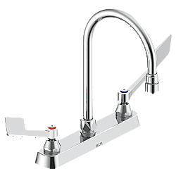 DELTA 26C3935 COMMERCIAL 13 7/8 INCH THREE HOLES 1.5GPM CERAMIC DISC KITCHEN FAUCET WITH WRIST TWO BLADE HANDLES GOOSENECK SPOUT AND VANDAL RESISTANT AERATOR - CHROME