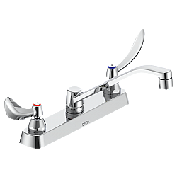 DELTA 26C3124 COMMERCIAL 6 5/8 INCH THREE HOLES DECK MOUNT 1.5 GPM DOUBLE HANDLE CERAMIC DISC KITCHEN FAUCET WITH BLADE HANDLES WALL FORM SWING SPOUT AND ANTIMICROBIAL - CHROME