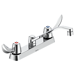 DELTA 26C3152 COMMERCIAL 6 5/8 INCH TWO HOLES DECK MOUNT 0.5 GPM DOUBLE HANDLE CERAMIC DISC KITCHEN FAUCET WITH HOODED BLADE HANDLES WALL FORM SWING SPOUT - CHROME