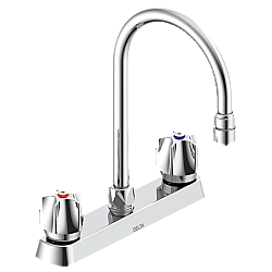 DELTA 26C3931 COMMERCIAL 11 5/8 INCH TWO HOLES DECK MOUNT CERAMIC DISC KITCHEN FAUCET WITH FLUTE HANDLES AND VANDAL RESISTANT AERATOR - CHROME