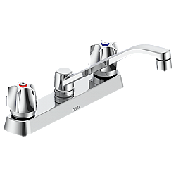 DELTA 26C3131 COMMERCIAL 6 5/8 INCH THREE HOLES DECK MOUNT 1.5 GPM DOUBLE HANDLE CERAMIC DISC KITCHEN FAUCET WITH FLUTE HANDLES WALL FORM SWING SPOUT AND VANDAL RESISTANT AERATOR - CHROME