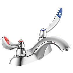 DELTA 21C134-TI COMMERCIAL 4 5/8 INCH TWO HOLES DOUBLE HANDLES CENTERSET BATHROOM FAUCET WITH HOODED BLADE HANDLES VANDAL RESISTANT AERATOR AND TEMPERATURE INDICATORS - CHROME