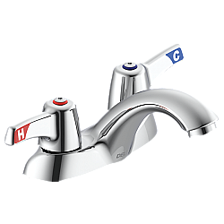 DELTA 21C153-TI COMMERCIAL 3 5/8 INCH TWO HANDLE DECK MOUNT CENTERSET BATHROOM FAUCET WITH TEMPERATURE INDICATED LEVER BLADE HANDLES - CHROME